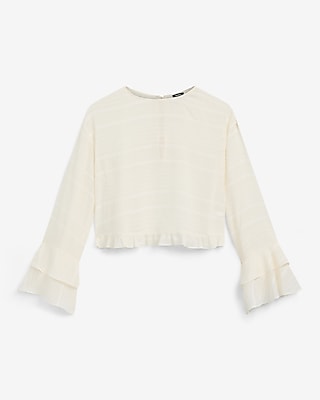 Sheer Striped Boat Neck Long Bell Sleeve Ruffle Top