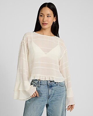 Sheer Striped Boat Neck Long Bell Sleeve Ruffle Top