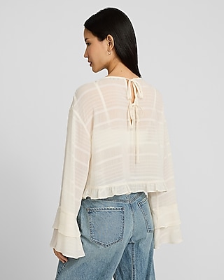 Sheer Striped Boat Neck Long Bell Sleeve Ruffle Top