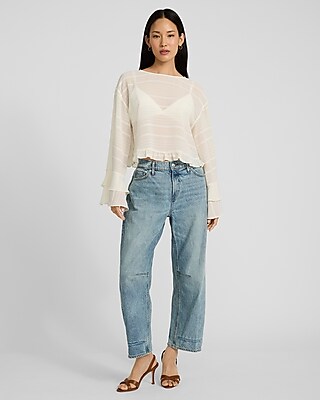Sheer Striped Boat Neck Long Bell Sleeve Ruffle Top
