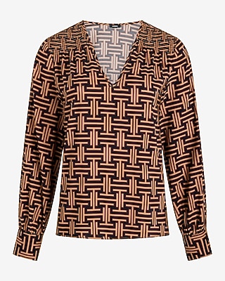 Printed V-Neck Smocked Shoulder Top