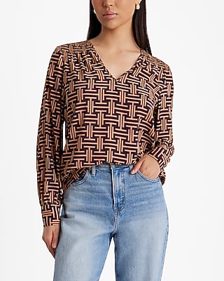 Printed V-Neck Smocked Shoulder Top