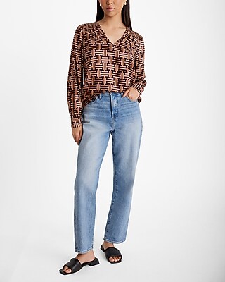 Printed V-Neck Smocked Shoulder Top