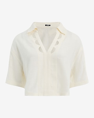 Linen-Blend Eyelet Cutout Short Sleeve Cropped Shirt
