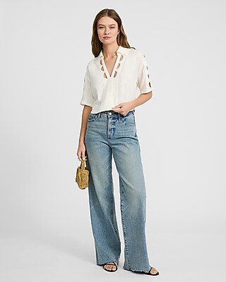 Linen-Blend Eyelet Cutout Short Sleeve Cropped Shirt