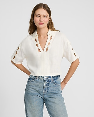 Linen-Blend Eyelet Cutout Short Sleeve Shirt