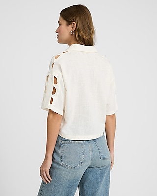 Linen-Blend Eyelet Cutout Short Sleeve Cropped Shirt