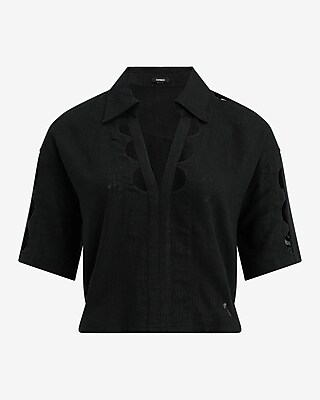 Linen-Blend Eyelet Cutout Short Sleeve Shirt - image 5