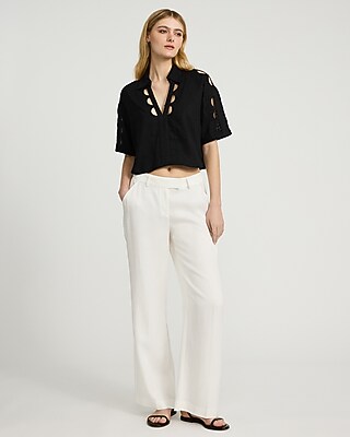 Linen-Blend Eyelet Cutout Short Sleeve Shirt - image 2