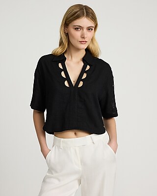 Linen-Blend Eyelet Cutout Short Sleeve Shirt - image 3