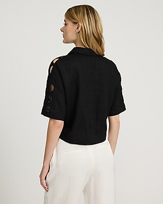 Linen-Blend Eyelet Cutout Short Sleeve Shirt - image 4