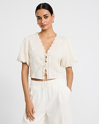 Linen-Blend Embroidered Floral Puff Sleeve Tie Front Top