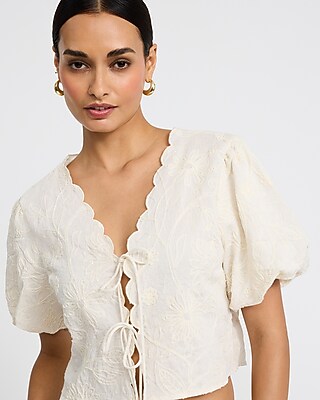 Linen-Blend Embroidered Floral Puff Sleeve Tie Front Top