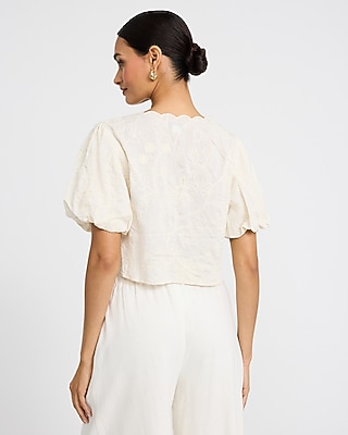 Linen-Blend Embroidered Floral Puff Sleeve Tie Front Top