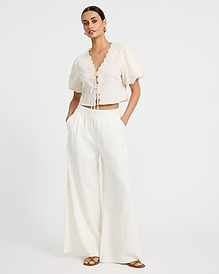Linen-Blend Embroidered Floral Puff Sleeve Tie Front Top