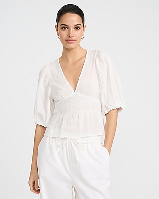 Textured Cotton V-Neck Puff Sleeve Top