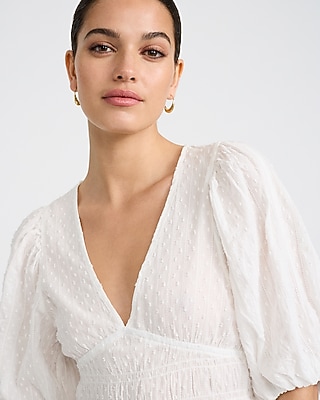 Textured Cotton V-Neck Puff Sleeve Top