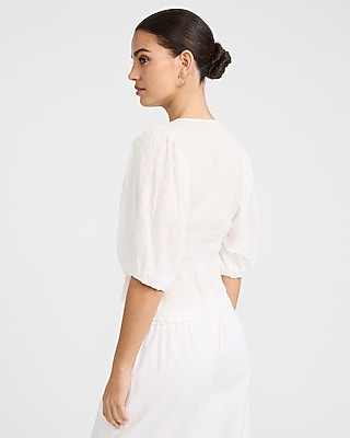 Textured Cotton V-Neck Puff Sleeve Top