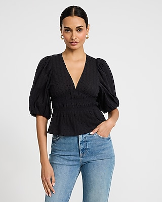 Textured Cotton V-Neck Puff Sleeve Top