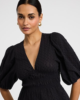 Textured Cotton V-Neck Puff Sleeve Top