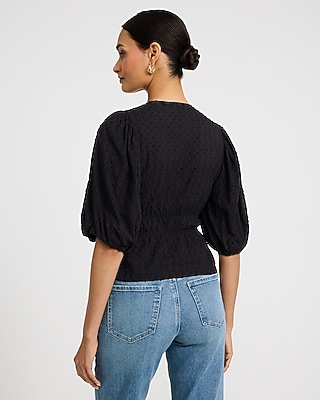 Textured Cotton V-Neck Puff Sleeve Top