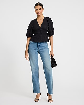 Textured Cotton V-Neck Puff Sleeve Top