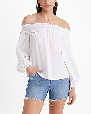 Poplin Off The Shoulder Balloon Sleeve Smocked Top | Express