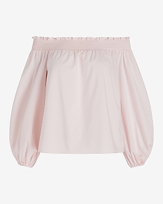 Poplin Off The Shoulder Balloon Sleeve Smocked Top