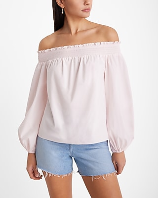 Poplin Off The Shoulder Balloon Sleeve Smocked Top
