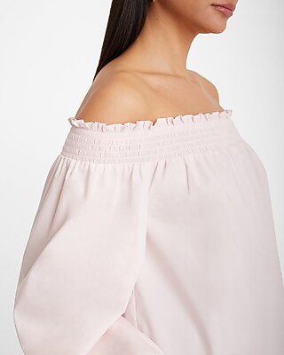 Poplin Off The Shoulder Balloon Sleeve Smocked Top