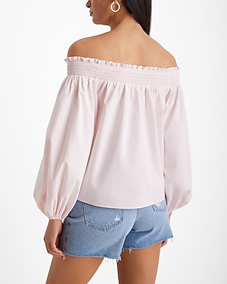 Poplin Off The Shoulder Balloon Sleeve Smocked Top
