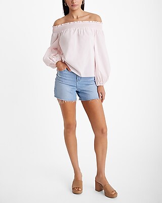 Poplin Off The Shoulder Balloon Sleeve Smocked Top