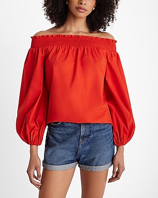 Poplin Off The Shoulder Balloon Sleeve Smocked Top