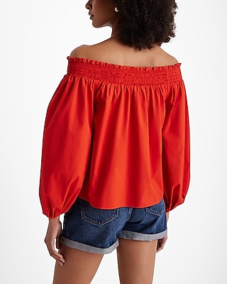 Poplin Off The Shoulder Balloon Sleeve Smocked Top