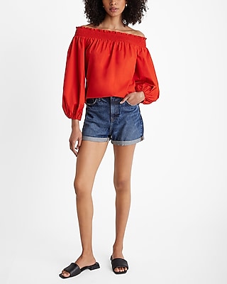 Poplin Off The Shoulder Balloon Sleeve Smocked Top