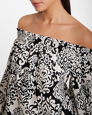 Printed Off The Shoulder Balloon Sleeve Smocked Top