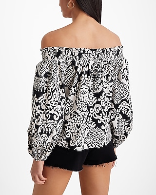 Printed Off The Shoulder Balloon Sleeve Smocked Top