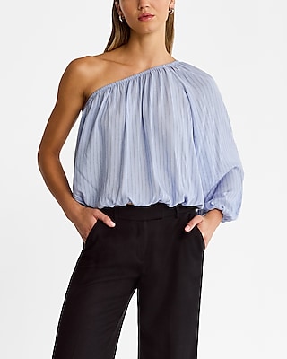 Striped Floral Puff Sleeve Ruched Peplum Top | Express