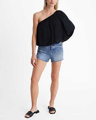 One Shoulder Balloon Sleeve Ruched Top