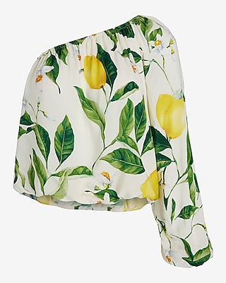 Lemon Floral One Shoulder Balloon Sleeve Ruched Top - image 5
