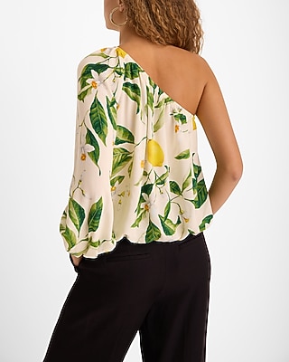 Lemon Floral One Shoulder Balloon Sleeve Ruched Top - image 3