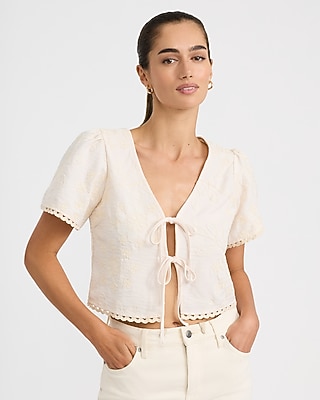 Embroidered Short Sleeve Tie Front Top