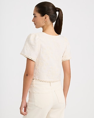 Embroidered Short Sleeve Tie Front Top