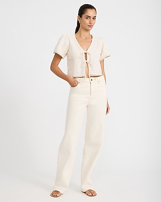 Embroidered Short Sleeve Tie Front Top