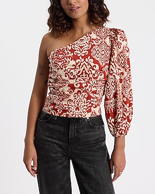 Printed One Shoulder Balloon Sleeve Ruched Top