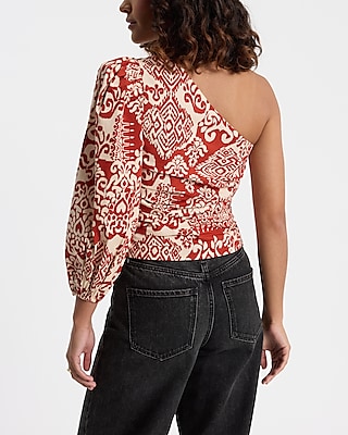 Printed One Shoulder Balloon Sleeve Ruched Top