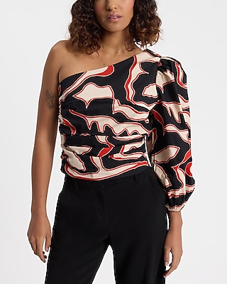 Abstract Printed One Shoulder Balloon Sleeve Ruched Top