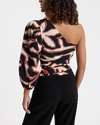 Abstract Printed One Shoulder Balloon Sleeve Ruched Top