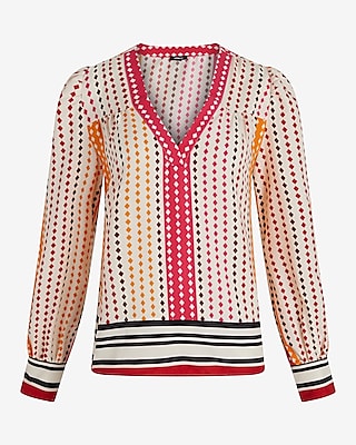 Printed V-Neck Long Sleeve Gathered Front Top
