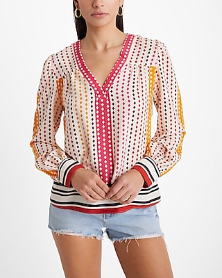 Printed V-Neck Long Sleeve Gathered Front Top